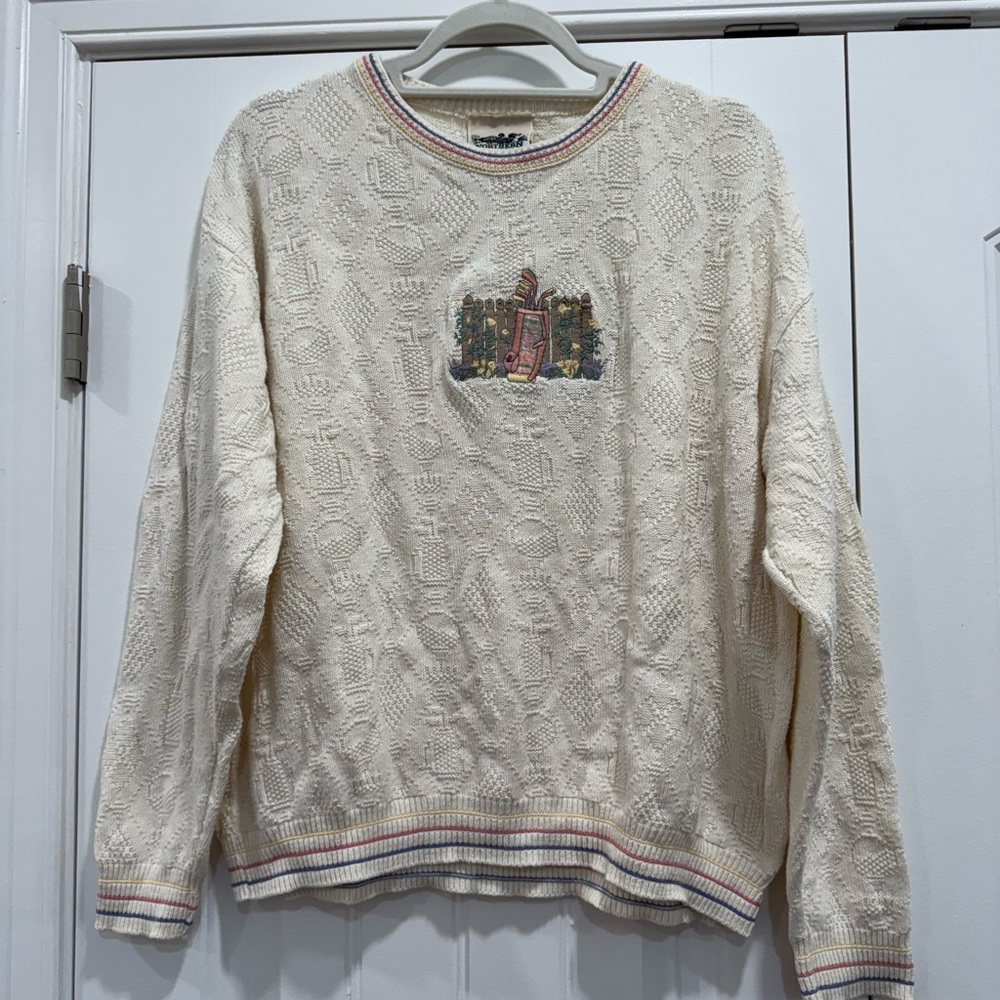 Vintage Northern Reflections Cream Sweater with Embroidered Golf Scene